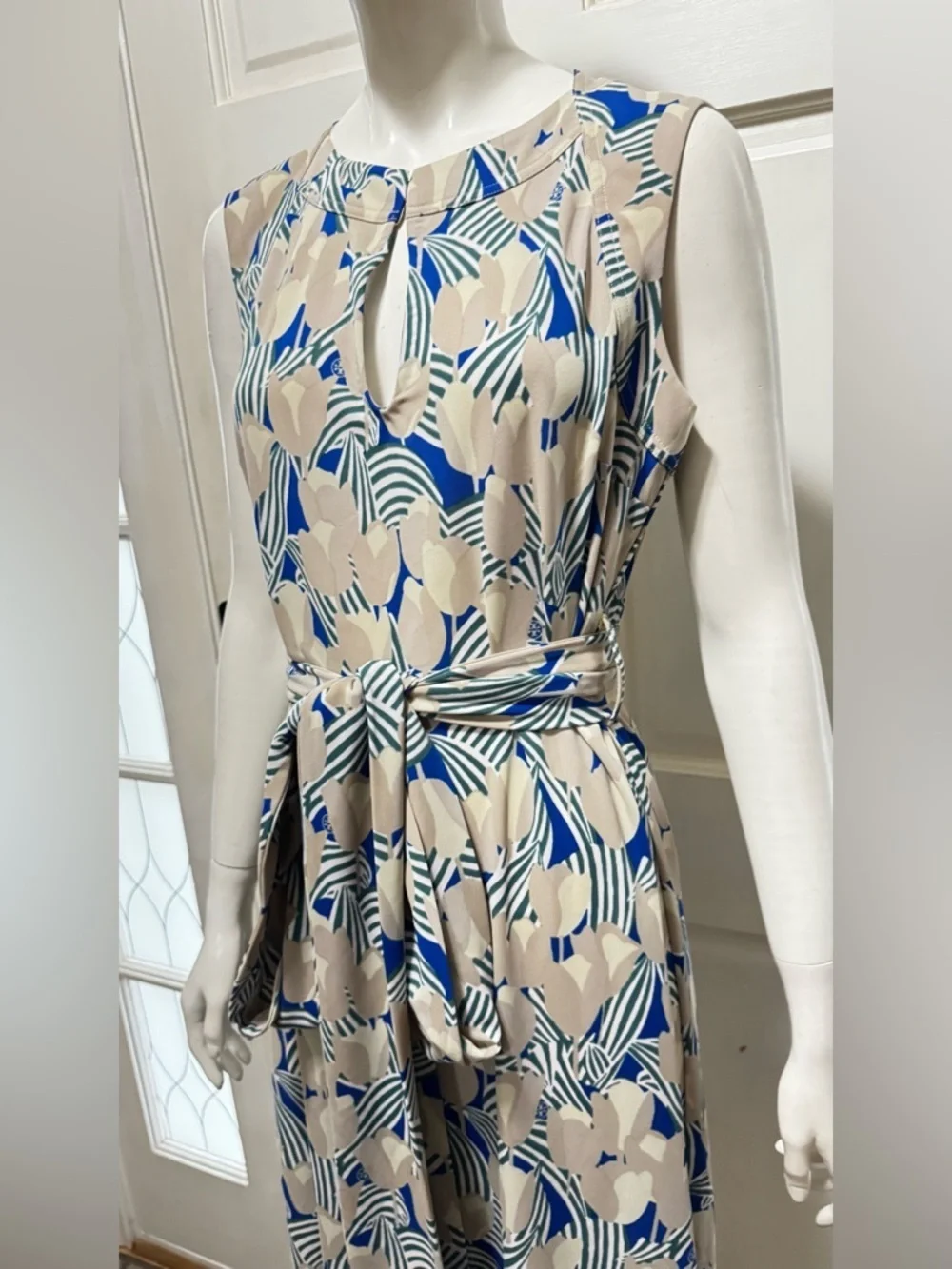 Tory Burch Blue & Beige Tulip Floral Maxi Dress with Self-Tie Waist Size Large